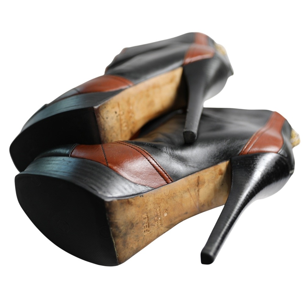 Fendi Black Brown Leather Platform Ankle Boots FF Logo Stiletto Heel 39 Italy - Picture 6 of 10